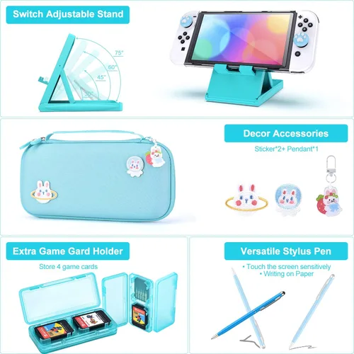 Vista 7 de innoAura Paquete de accesorios Switch OLED 18 en 1 con funda para interruptor, funda de juego para interruptor, protector de pantalla OLED, soporte