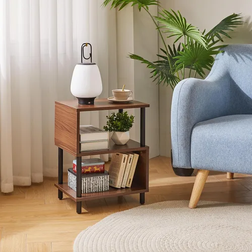 Vista 4 de Aibiju Mesita de Noche Minimalista Ligera - Nogal Mesa Auxiliar Pequeña con Almacenamiento Abierto, Mesa Auxiliar Pequeña para Dormitorio, Nogal