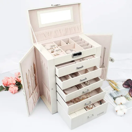 Vista 7 de Homde Caja de joyeríaorganizadorestuche 2 en 1 de piel sintética con estuche de viaje pequeño, regalo para niñas o mujeres (grano de madera blanca)