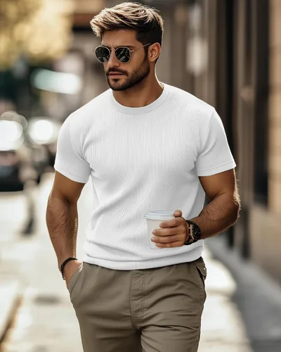 Vista 3 de Huukeay Paquete de 3 camisetas para hombre, cuello redondo, manga corta, de punto acanalado, camisetas casuales elegantes
