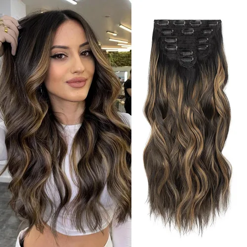 Vista 27 de Fliace Extensiones de cabello con clip para mujer, extensiones de cabello ondulado largo de color marrón medio, extensiones de cabello sintético