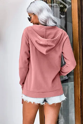 Vista 5 de WROLEM Sudadera casual con capucha y cremallera completa para mujer cómoda holgada de manga larga color liso con bolsillos