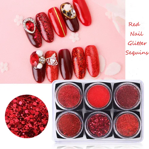 Vista 3 de Juego de 6 cajas de lentejuelas con purpurina para arte de uñas, polvo de diamante de cristal rojo, 3D, holográfico, escamas brillantes, juego