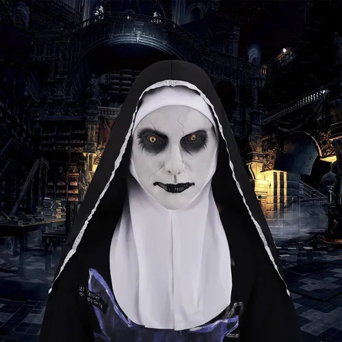 Vista 5 de Starsouce Máscara de monja de látex aterradora con bufanda, disfraz de monja de terror, máscaras de cabeza completa para disfraces de Halloween