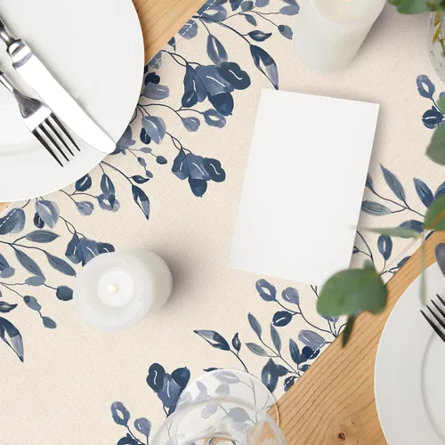 Vista 5 de AnyDesign Camino de mesa azul y blanco de 13 x 71.2 pulgadas, hojas de plantas azules, cubierta de mesa de acuarela, cocina, comedor, decoración