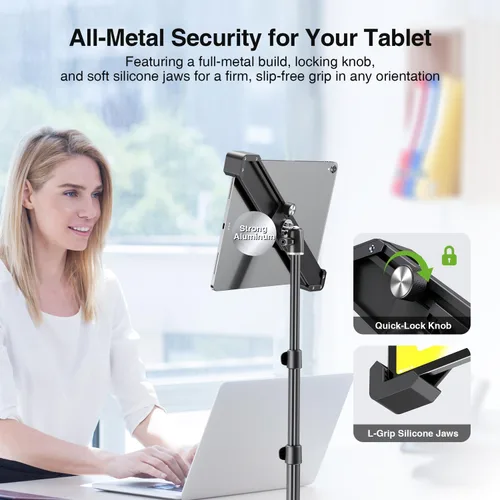 Vista 2 de elitehood Soporte de aluminio para iPad con soporte diagonal para tableta, trípode para iPad de 65 pulgadas de altura ajustable, trípode giratorio