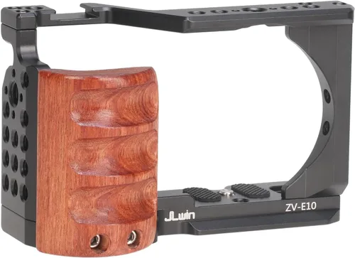 Vista 2 de FocusFoto Jaula de aluminio para cámara con mango lateral de madera para cámara Sony Alpha ZV-E10, estabilizador de video de marco completo