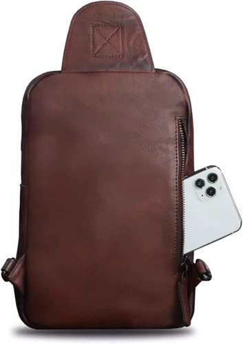 Vista 3 de IVTG Bolso bandolera de cuero genuino para hombres y mujeres vintage de piel de vaca real mochila bandolera bolsa de pecho, Café, Mochilas Sling