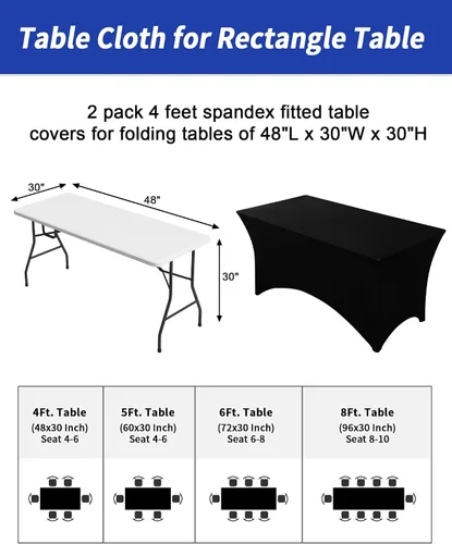 Vista 3 de Fixwal Juego de 2 manteles rectangulares elásticos negros de 4 pies, de elastano, ajustables, lavables, para fiestas, ferias, banquetes, bodas, bufés