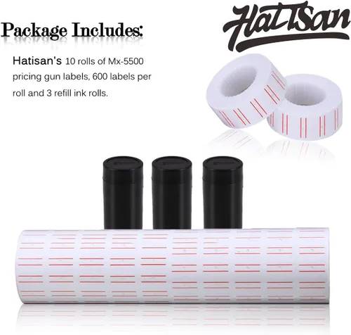 Vista 7 de hatisan Etiquetas de pistola de precio, 10 rollos x 5000 piezas blancas, compatibles con Mx-5500, 3 rodillos de tinta, líneas rojas dobles, 500