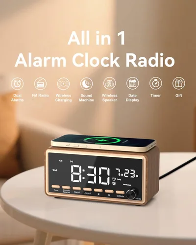 Vista 2 de Radio despertador digital para dormitorios, radio FM y máquina de sonido de ruido blanco con temporizador, altavoz Bluetooth, reloj despertador dual