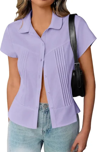 Vista 8 de Cicy Bell Blusas de manga corta con botones para mujer, plisadas, ajuste ceñido, elegantes casuales de verano
