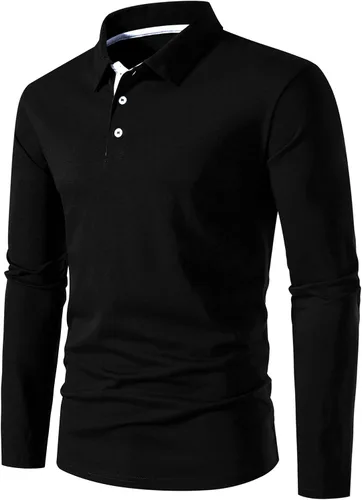 Vista 2 de A WATERWANG Polera polo de manga larga para hombre, de algodón, ajustado, diseño básico