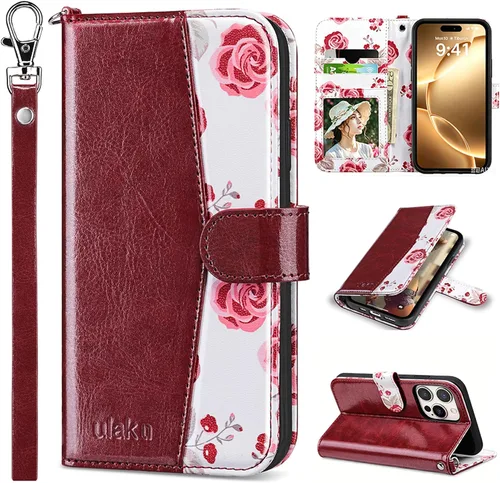 Vista 35 de ULAK Funda tipo cartera compatible con iPhone 15 Pro con tarjetero y diseño de flores, para mujeres y niñas, piel sintética, con función atril