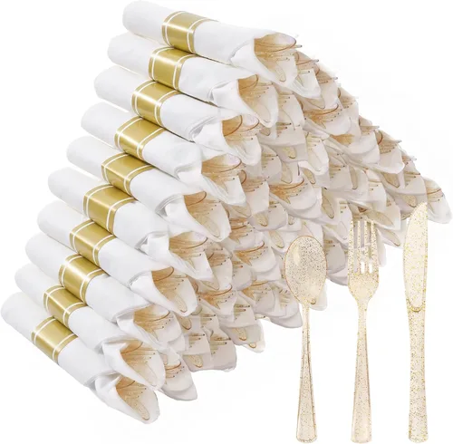 Vista 20 de Goodluck 100 Pack Pre Rolled Gold Plastic Silverware, Wrapped Cutlery