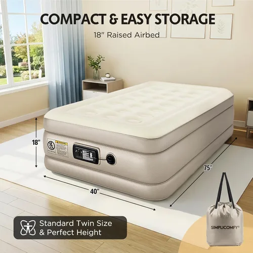 Vista 6 de Simpli Comfy Colchón inflable elevado tamaño individual de 18 pulgadas con bomba de CA integrada, cama de aire autoinflable rápida con parte