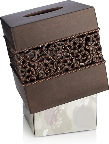 Vista 3 de Essentra Home Cubierta cuadrada para caja de pañuelos con acabado de bronce para encimeras de tocador de baño, también ideal para dormitorios