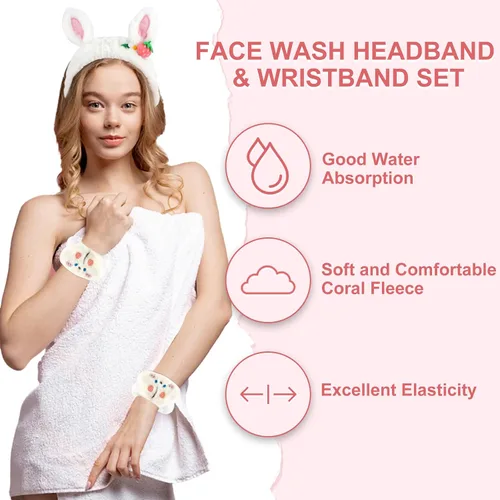 Vista 4 de CAVETEE Juego de 3 piezas de diadema linda - Diadema elástica cosmética de spa, pulsera para mujeres, cuidado facial y ducha Oreja de conejo blanco