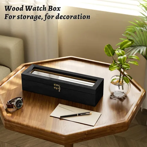 Vista 4 de SRIWATANA Caja de reloj organizadora de 6 ranuras para hombres y mujeres, exhibición de madera con tapa de vidrio, regalos para seres queridos
