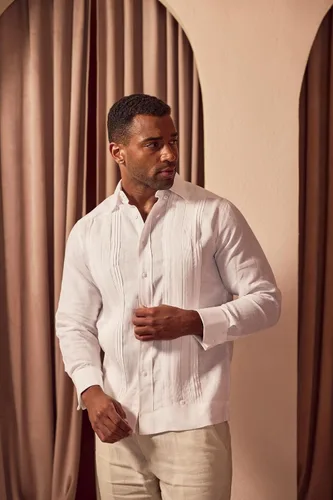 Vista 2 de Mojito - Camisa plisada de manga larga con puños franceses, 100% lino, estilo guayabera, formal, para hombre