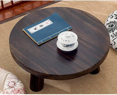 Vista 5 de Mesa de Centro Mesa de centro de estilo japonés Pequeña Mesa de centro simple Ventanas de bahía Mesa baja Mesa de té redonda de madera Mesa de té