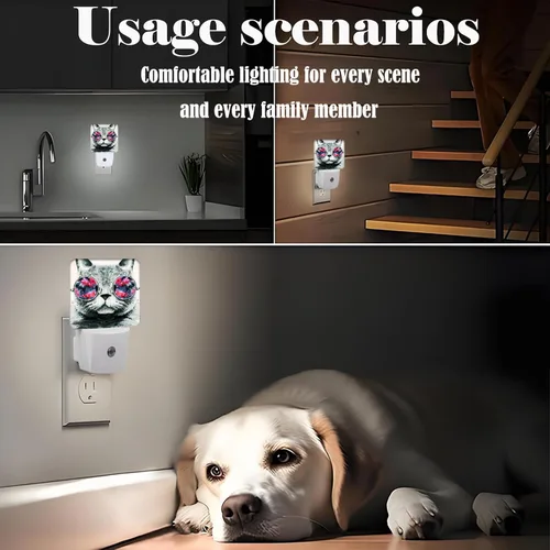 Vista 6 de Bonita luz nocturna de gato gris, enchufable a la decoración de pared para escaleras, pasillo, cocina, luces nocturnas con sensor de atardecer a