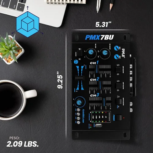 Vista 3 de Mezclador de audio DJ inalámbrico Pyle - Mezclador de sonido con controlador DJ compatible con Bluetooth de 3 canales, Mic-Talkover, lector USB