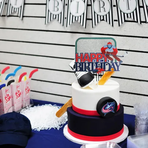 Vista 5 de Decoración para tartas de hockey sobre hielo, decoración de tartas, temática deportiva, suministros de fiesta de cumpleaños para niños, niños
