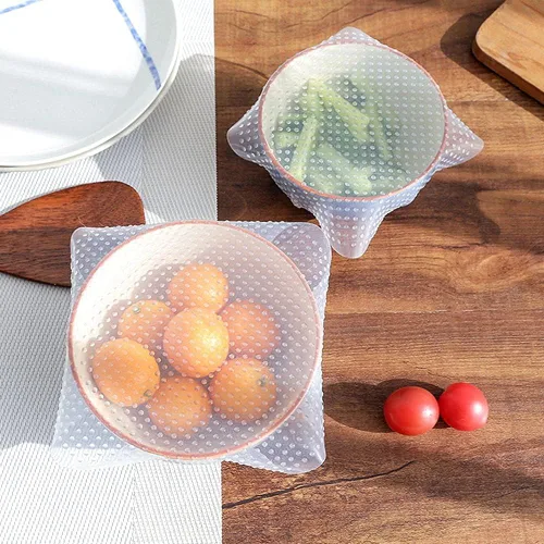 Vista 6 de Pokinge 4 fundas para contenedores de alimentos, tapas elásticas de silicona transparente, reutilizables, para microondas, 3 tamaños, cubierta