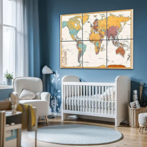 Vista 6 de Paneles acústicos artísticos antiguos de color retro con mapa político del mundo están separadas claramente, paquete de 6 paneles de pared