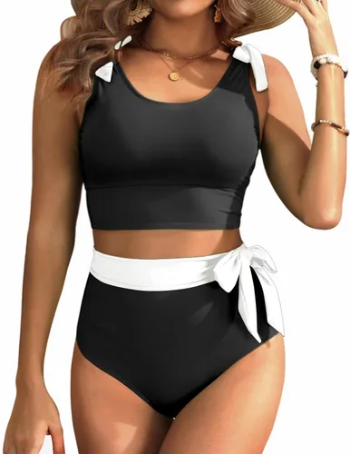 Vista 12 de Trajes de baño de dos piezas de cintura alta - Bikini con control de abdomen para mujer, traje de baño modesto 2 piezas 2025 Hot Red