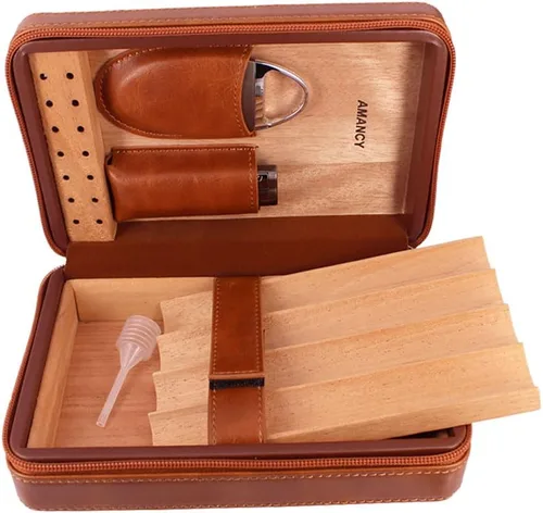 Vista 3 de AMANCY Elegante funda de humidor de 4 puros con forro de madera de cedro marrón marrón hecha a mano con 3 encendedores y cortador de cigarrillos