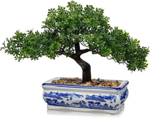 Vista 16 de Árbol bonsái artificial con maceta de porcelana azul y blanca, bonsái falso para decoración de escritorio de oficina en casa, decoración oriental