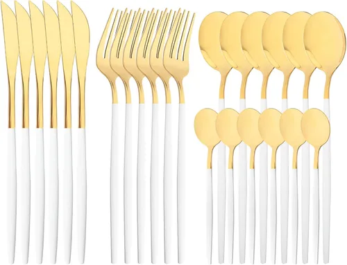 Vista 20 de Juego de cubiertos de acero inoxidable 18/0 con espejo, 24 piezas, incluye cuchillo, tenedor, cuchara, cucharadita, cubiertos para el hogar, Dorado
