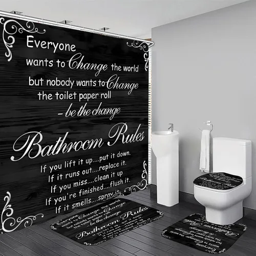 Vista 10 de Juego de cortinas de ducha familiares AZHM Negro para baño con cortina de ducha y alfombras y accesorios Decoración de baño con cortina y 12 ganchos