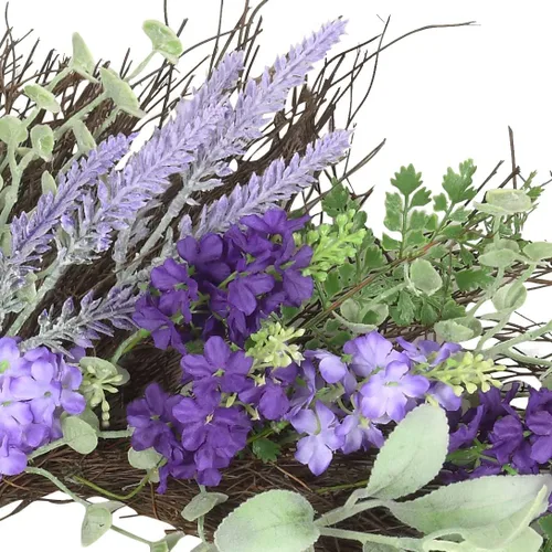 Vista 6 de Haute Decor Corona de lavanda artificial mixta con vid natural, corona de primavera de 24 pulgadas para puerta delantera con flores de lavanda