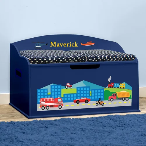 Vista 3 de DIBSIES Caja de juguetes personalizada Creative Wonders, automóviles, camiones, aviones y trenes, 30 x 19.25 x 18 pulgadas, tapa de cierre suave Azul