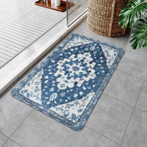 Vista 6 de Uphome Alfombra de baño vintage, azul, bohemio, antideslizante, oriental, suave, lavable a máquina, lindas alfombras de baño tribales florales