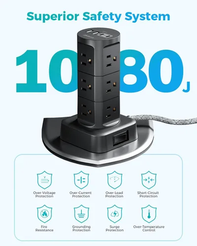 Vista 6 de Torre de estación de carga, regletas de alimentación con protección contra sobretensiones, enchufe plano, 12 tomas, 4 puertos USB, cable