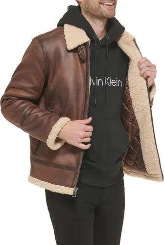 Vista 6 de Calvin Klein Faux Leather Men-Bomber Jacket with Shearling Lining