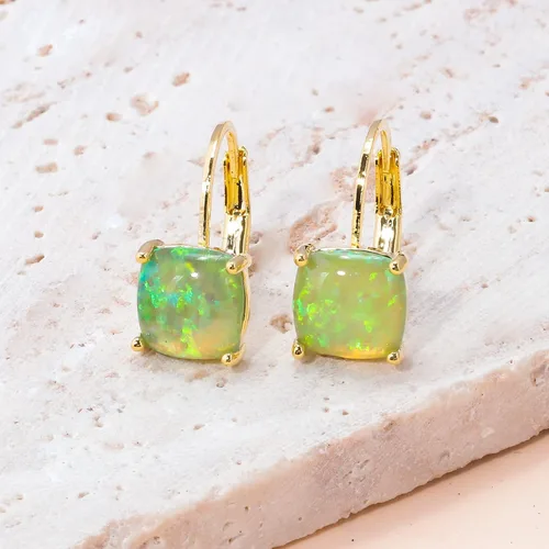 Vista 4 de CiNily Aretes colgantes para mujeres y niñas, hipoalergénicos, chapados en oro de 14 quilates, aretes con dije cuadrado de ópalo, aretes de palanca