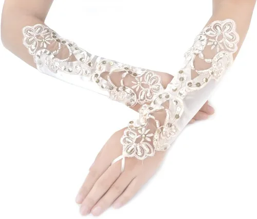 Vista 2 de JISEN Guantes de satén sin dedos de los años 20 para mujer, para banquete, fiesta, elegante, con encaje, bordados, para novia, 11 pulgadas