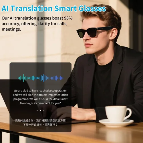 Vista 6 de Lentes inteligentes AI Translator con tecnología GPT, compatible con más de 160 idiomas, traducción en tiempo real, reducción de ruido AI, llamadas