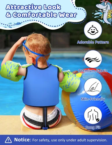Vista 5 de Vvinca Toddler Swim Vest for Kids 24-50lbs,Toddler Floaties Puddle Pool Float Jumper 24-30-50 Pounds for Girls Boys Ages 1-5 with Detachable Arm