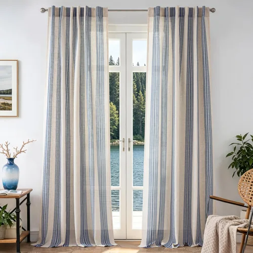 Vista 21 de DriftAway Cortinas de estilo granja con rayas verticales de lino mezclado texturizado con filtro de luz semitransparente para sala de estar