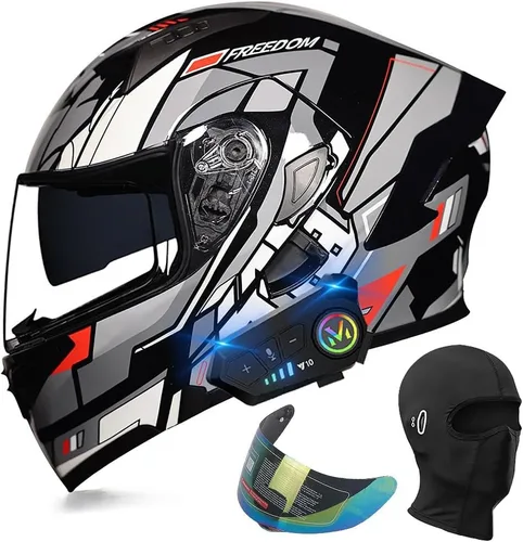 Vista 22 de Casco de motocicleta modular con Bluetooth, aprobado por DOT, casco de cara completa abatible, con visera doble, altavoces duales y micrófono