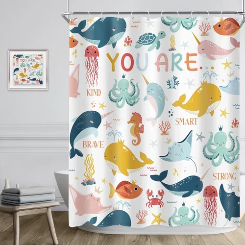 Vista 3 de Riyidecor Ocean - Cortina de ducha para niños, 60 pulgadas de ancho x 72 pulgadas de alto, diseño de ballena, dibujos animados, animales, delfín