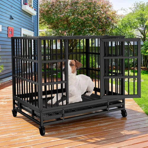 Vista 7 de JY QAQA - Jaula para perros de 48/38 pulgadas, de servicio pesado, resistente e indestructible, doble puerta, a prueba de escape, jaula perrera