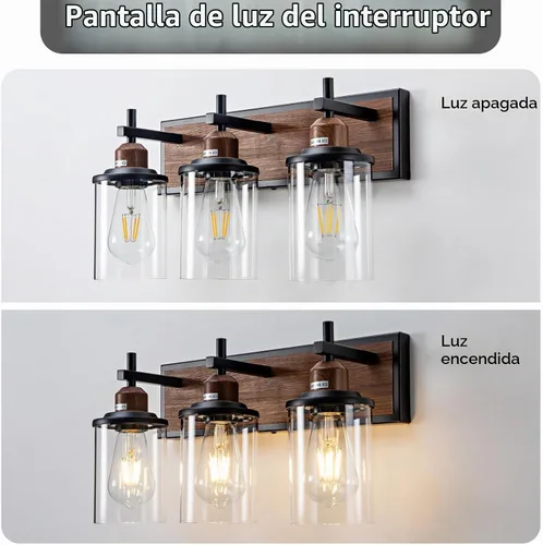 Vista 5 de Lanhall Lámpara de baño de 3 luces, estilo granja, vintage, sobre espejo, de metal pintado en madera y negro con pantalla de cristal, enchufe E26