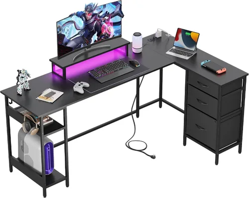 Vista 14 de DEVAISE Escritorio para juegos en forma de L de 48 pulgadas con cajones y almacenamiento, escritorio de esquina con luces LED, tomas de corriente